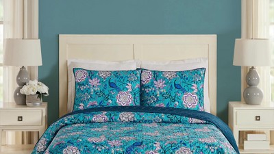 Turquoise Floral and Peacock King Microfiber Quilt Set