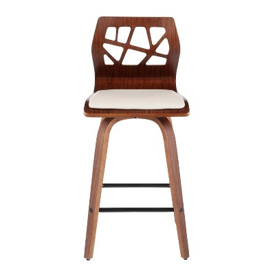 Mid-Century Modern Cream Leather Walnut Swivel Counter Stool - Set of 2
