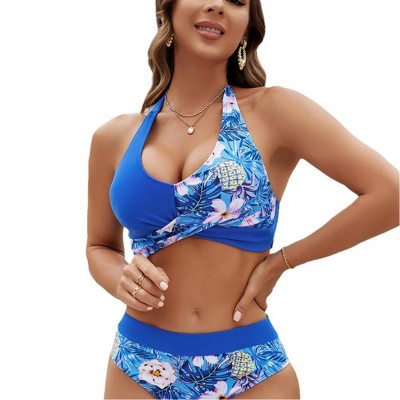 Womens Color Block Swimsuits Sets 2 Piece Halter Neck Bikini Sets V Neck Bating Suits Sets Front Twist Mid Waist Swimsuits for Summer