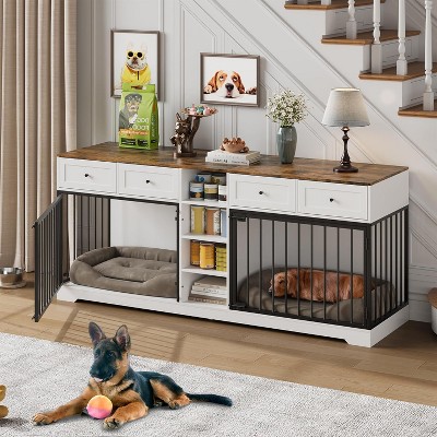 82" Large Dog Crate for 2 Dogs, Dog Kennel Indoor with 4 Drawers and Shelves, Double Dog Crate Furniture TV Stand, Wooden Dog Cage