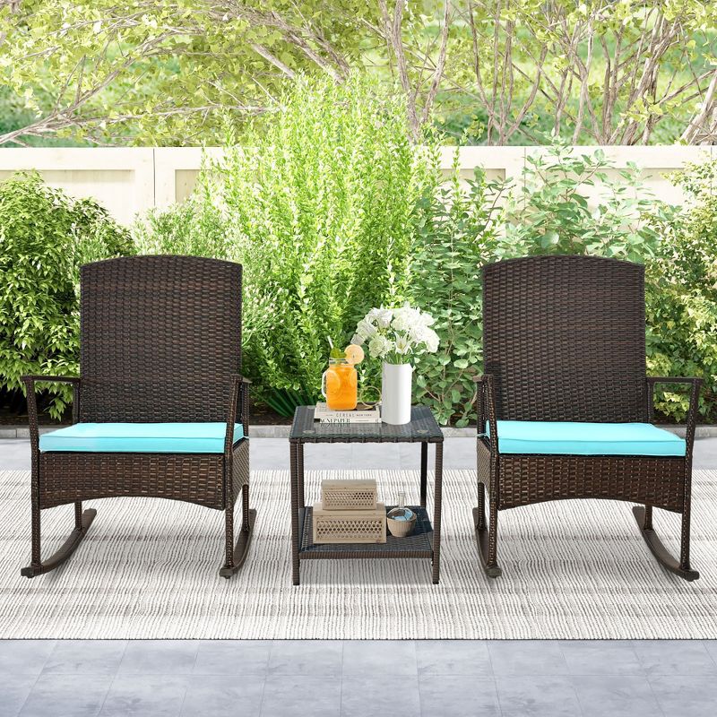 Tangkula 3 Pieces Rocking Wicker Bistro Set Outdoor Front Porch Rocker Chairs Conversation Set, 4 of 11