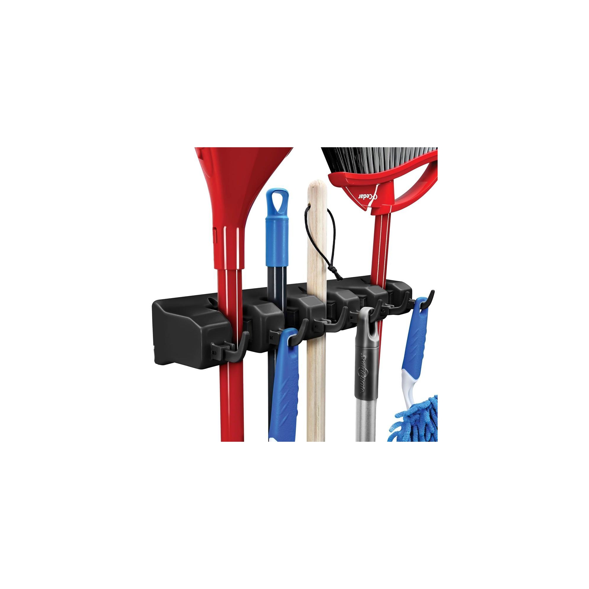 Broom and Mop Holder Rack - Garage Storage System - Garden Tool Organizer with 5 Slots, 6 Hooks, 7.5lbs Capacity Per Slot Black - Homeitusa