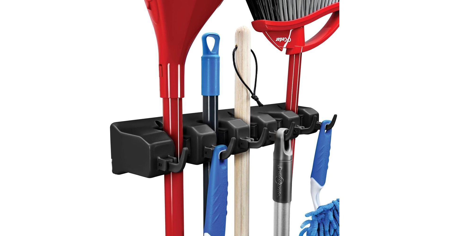 1-2 Pack Broom and Mop Holder Rack - Garage Storage System - Garden Tool Organizer with 5 Slots, 6 Hooks, 7.5lbs Capacity Per Slot Off - Homeitusa