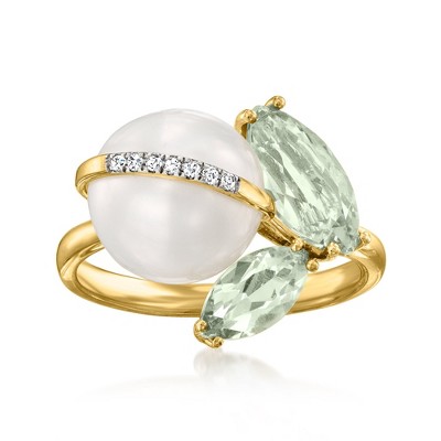 Ross-Simons 9.5-10mm Cultured Pearl and 1.80 ct. t.w. Prasiolite Ring With Diamonds in 14kt Yellow Gold