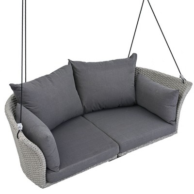 NicBex 2-Seat Rattan Woven Hanging Porch Swing with Chains,Cushion and 2 Pillow for Patio Bedroom Porch Garden