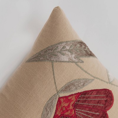 Beige and Red Floral Embroidered Cotton Velvet Throw Pillow