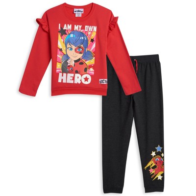 Miraculous Ladybug Big Girls French Terry Pullover T-Shirt Jogger and Pants Red/Black 14-16