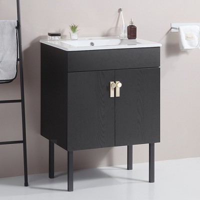 ALEXOUN 24" Bathroom Vanity with Ceramic Sink,Wall Mounted Bathroom Vanity Cabinet with Two Soft Close Cabinet Doors,Metal Legs for Small Space