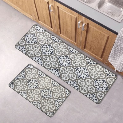 Set of 2 Blue and Gray Tile Design Kitchen Floor Mats