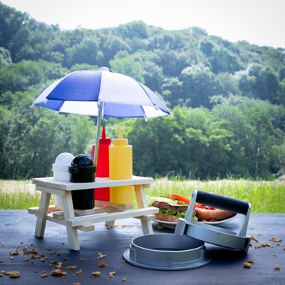 Mini Picnic Table Condiment Set with Umbrella, Pinewood and Plastic