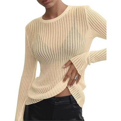 Women's rib-knit round-neck breathable long-sleeved top, suitable for daily sun protection and outdoor activities