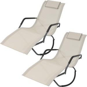 Sunnydaze Outdoor Folding Rocking Chaise Lounge Chair with Headrest Pillows - Beige - 2pk - 1 of 4
