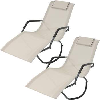 Sunnydaze Outdoor Folding Rocking Chaise Lounge Chair with Headrest Pillows - Beige - 2pk