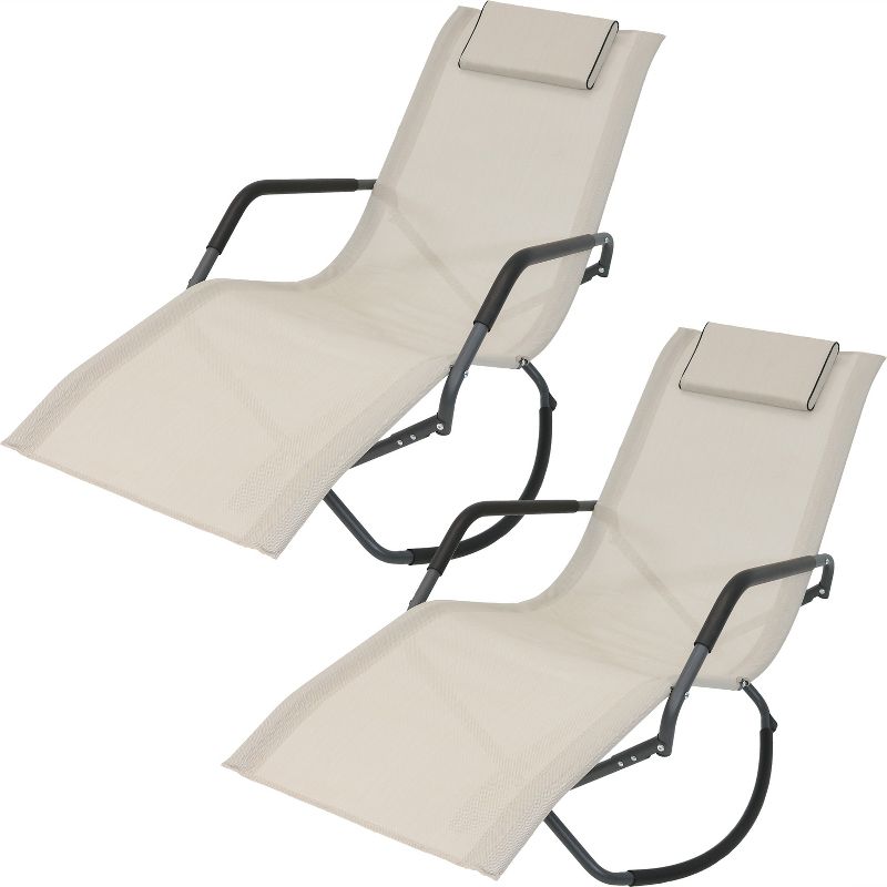 Sunnydaze Outdoor Folding Rocking Chaise Lounge Chair with Headrest Pillows - Beige - 2pk, 1 of 9