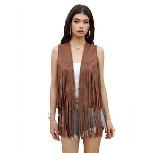 Women's Fringe Vest 70s Hippie Faux Suede Rivets Sleeveless Costume Fringe Jacket - 1 of 4
