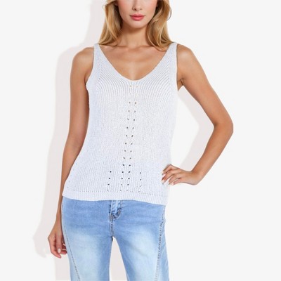 Anna-Kaci Women's V-Neck Knit Tank Top With Eyelet Detail- Medium, Gray