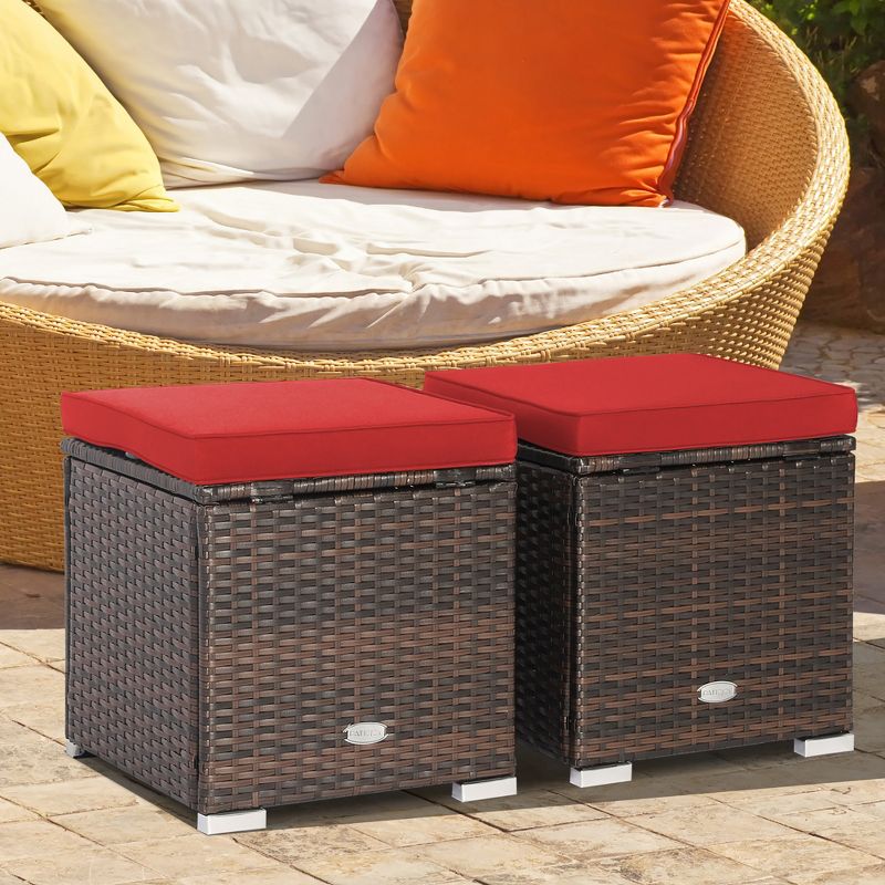 Costway 2PCS Patio Rattan Ottomans Seat Side Table Storage Box Footstool with Cushions Red/Grey, 2 of 11