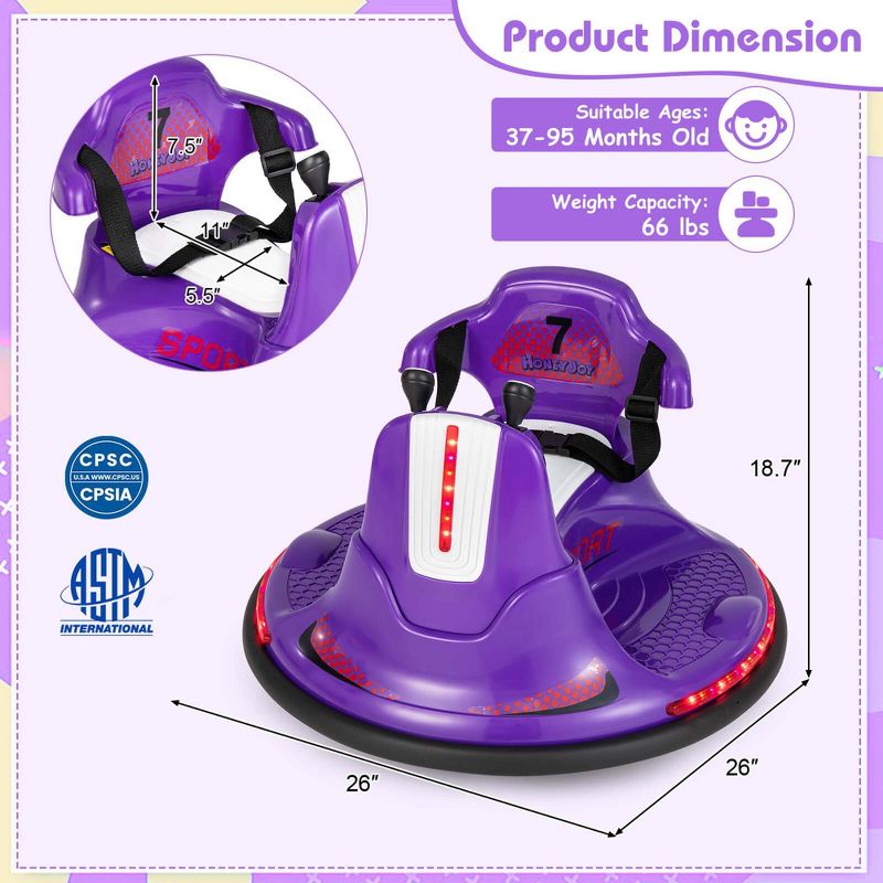 Honeyjoy 12V Bumper Car for Kids Toddlers Electric Ride On Car Vehicle with 360° Spin Blue/Pink/Red/Purple, 3 of 13