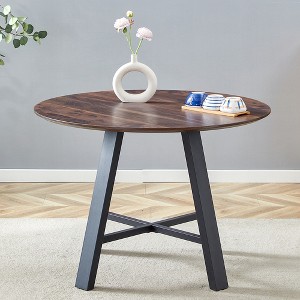 XINHANZHENXUAN White Modern minimalist round dining table and coffee table, Wood Grain Table Top, Black Metal Legs - 1 of 4