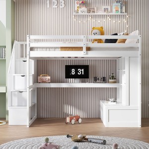CAVINAS Full Size Loft Bed Modern Wooden Bed Frame with Desk, Drawers, Shelves and Storage Stair for Bedroom - 1 of 4