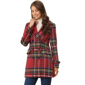 Allegra K Women's Notched Lapel Double Breasted Winter Plaids Overcoat - 1 of 4