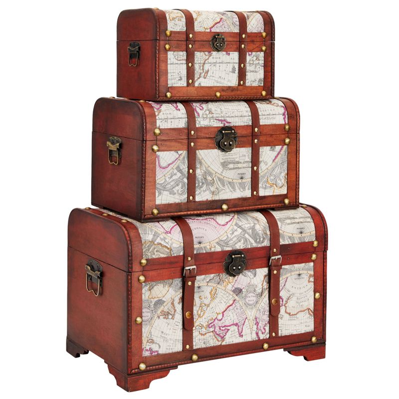 Juvale Set of 3 Small Wooden Storage Trunks and Chests, Living Room Décor Suitcases with Antique Map Print for Jewelry, 3 Sizes, 1 of 10