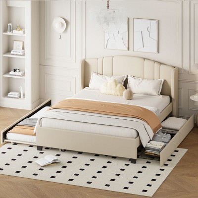 Queen Size Upholstered Platform Bed with Wingback Headboard, Linen Upholstery, Trundle and Drawers, No Box Spring Required-Maison Boucle
