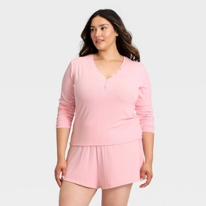 Women's Ribbed Long Sleeve Shirt and Shorts Pajama Set - Auden™ - 1 of 3