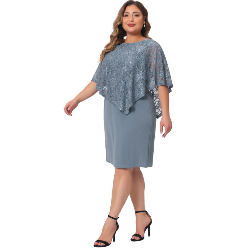 Agnes Orinda Women's Plus Size Lace Overlay Cape with Sleeveless Party Pencil Bodycon Dress, 3 of 6