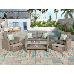 Patio Furniture Set, 4 Piece Outdoor Conversation Set All Weather Wicker Sectional Sofa with Ottoman and Cushions - 1 of 4