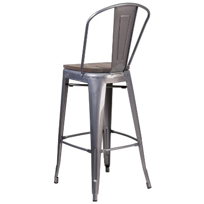 Rustic Silver Metal and Wood 30" Barstool with High Back