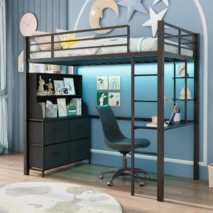 Loft Bed Twin Size with Desk, 4 Large Fabric Drawers and 2 Storage Shelves, Heavy Duty Metal Loft Bed with LED Lights & Charging Sation - 1 of 4