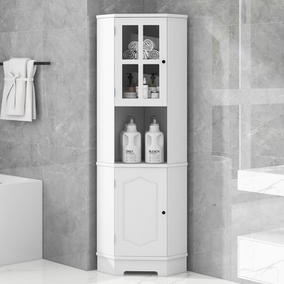 23.62 Glass Door Wall Cabinet With 2-tier Enclosed Storage, Open Shelves  And Towel Rack, White - Modernluxe : Target