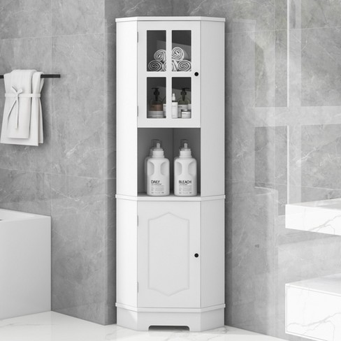Tall Bathroom Freestanding Corner Cabinet With Door And Adjustable Shelves,  Gray - ModernLuxe