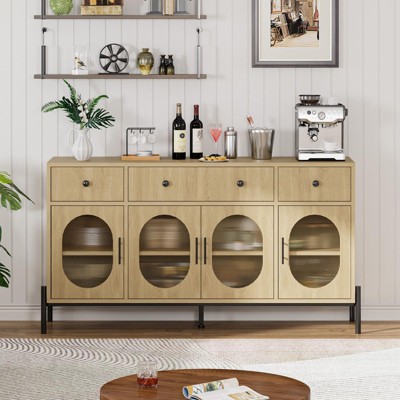 62'' Buffet Cabinet with Storage,Large Sideboard Cabinet,Coffee Bar Cabinets with 3 Drawers and 4 Fluted Glass Doors