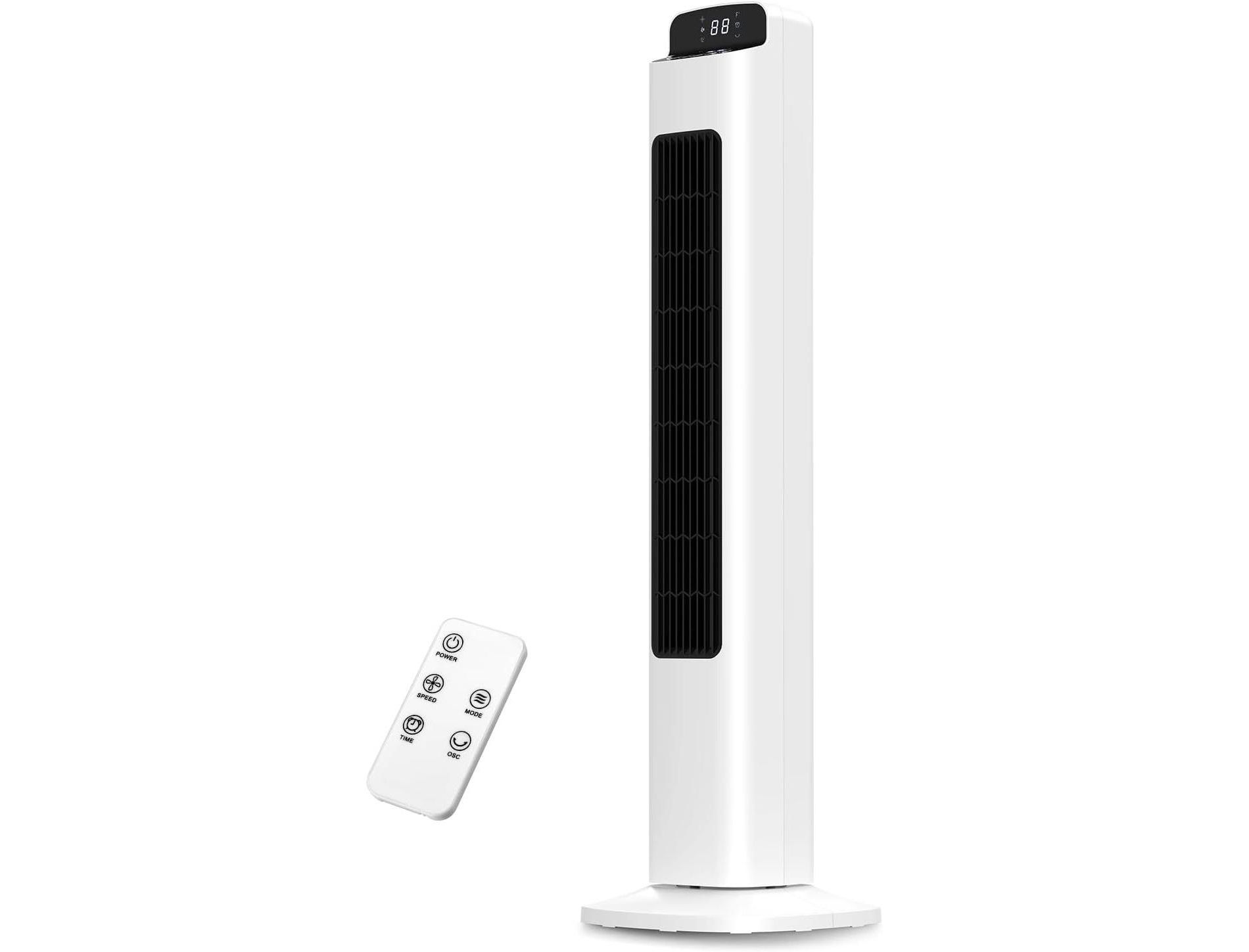 Tower Fan for Bedroom, Quiet Bladeless Floor Fan with 5 Speeds, 3 Modes, 12H Timer, Remote, LED Touch Display, 80° Oscillating, White