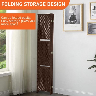 Brown Woven Wood 4-Panel Room Divider with Shelves