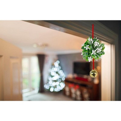 Artificial Green and White Mistletoe Ball Ornament with Bell
