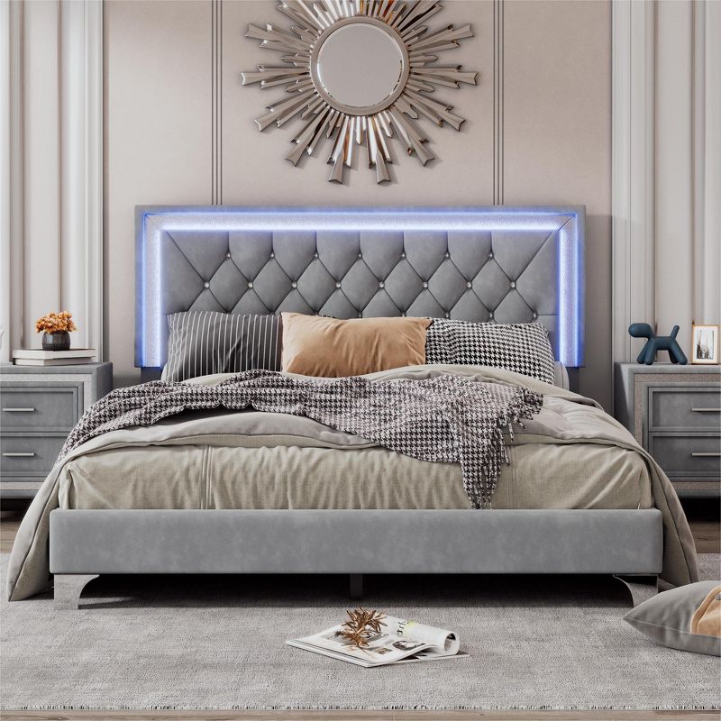 Queen Size Velvet Upholstered Platform Bed Frame with LED Lights and Tufted Headboard-ModernLuxe, 2 of 8