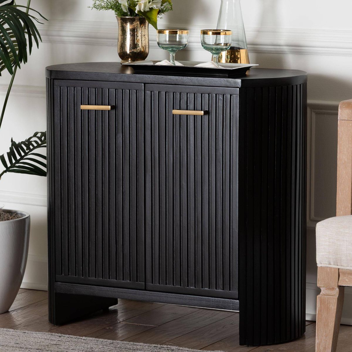 bali & pari Keshet Fluted Wood Storage Cabinet 2-Door with Vertical Slat Panels Black - thumbnail 9
