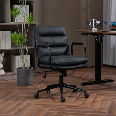 QingMoon Office Chair, PU Leather Computer Chair, Adjustable Swivel Task Chair, Mid Back Desk Chair with Reclining Backrest for Home Office