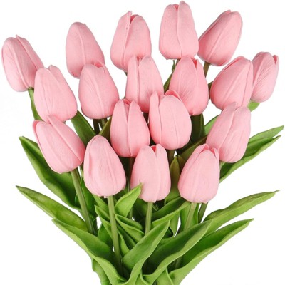 BRINJOY 18-Piece Artificial Pink Tulip Bouquet - Realistic PU Tulips for Spring, Easter, and Wedding Decor