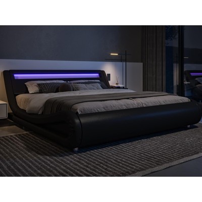 Allewie LED Platform Bed Frame with Adjustable Headboard/No Box Spring Need/Easy Assembly/Faux Leather in White and Black