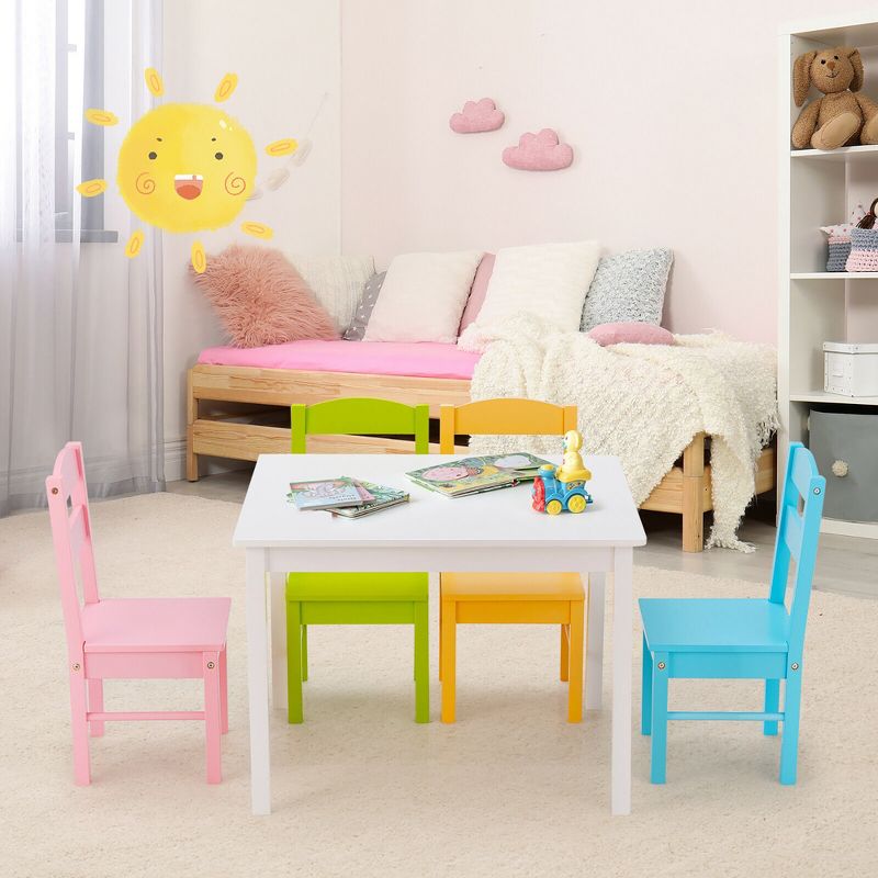 Costway 5 Piece Kids Wood Table Chair Set Activity Toddler Playroom Furniture Colorful, 4 of 13