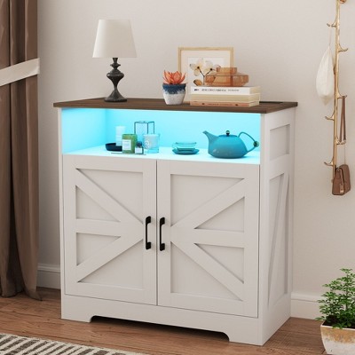 Storage Cabinet with Light, Buffet Cabinet with Open Storage,Wooden Storage Cabinet with Adjustable Shelves & Charging Station, Coffee Bar Cabinet
