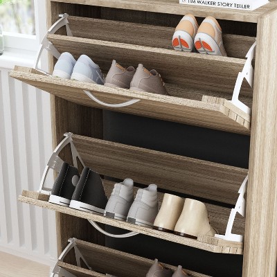 Brown Wood Grain 3-Tier Shoe Storage Rack with Metal Handles
