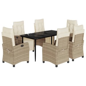 vidaXL 7 Piece Patio Dining Set - Beige PE Rattan with Cushions | Adjustable Garden Chairs | Tempered Glass Tabletop - 1 of 4