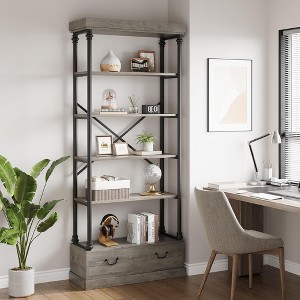 ODK 5 Tier Bookshelf with Storage Drawer, 81" Tall Book Shelf Vintage Bookcase w/Metal Frame, Rustic Open Bookshelf for Living Room Offic Bedroom - 1 of 4