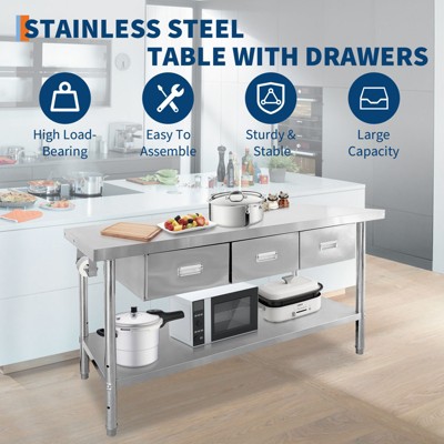 Stainless Steel Table with 3 Drawers,Heavy-Duty Food Worktable with Adjustable Undershelf & Paper Towel Holder for Commercial Kitchen Restaurant