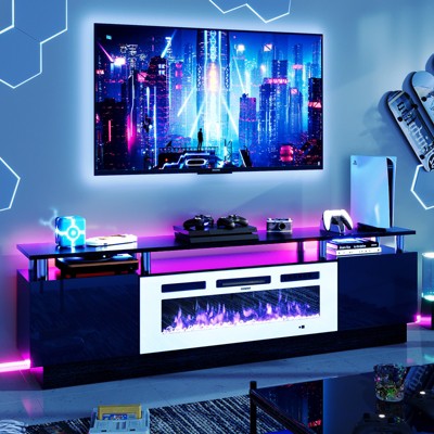 AOXUN Fireplace TV Stand with 36" Electric Fireplace, 70" 2 Tier TV Console Stand for TVs Up to 80", LED Light Entertainment Center, Fireplace, Black